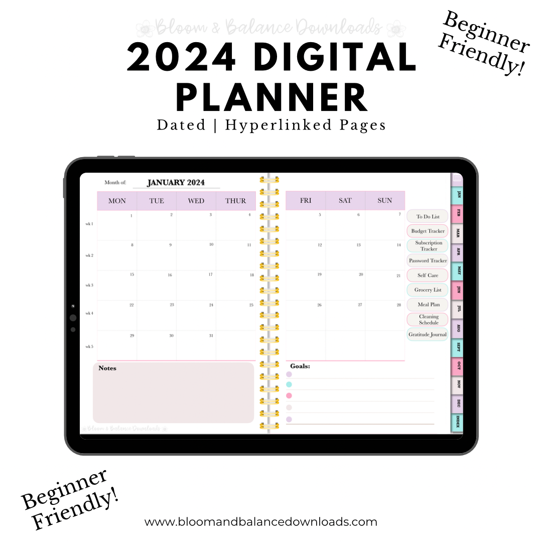 2024 Dated Digital Planner w/ Accessories Kit – Bloom and Balance Downloads