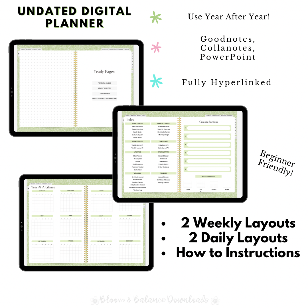 Undated Sage Green Hyperlinked Digital Planner