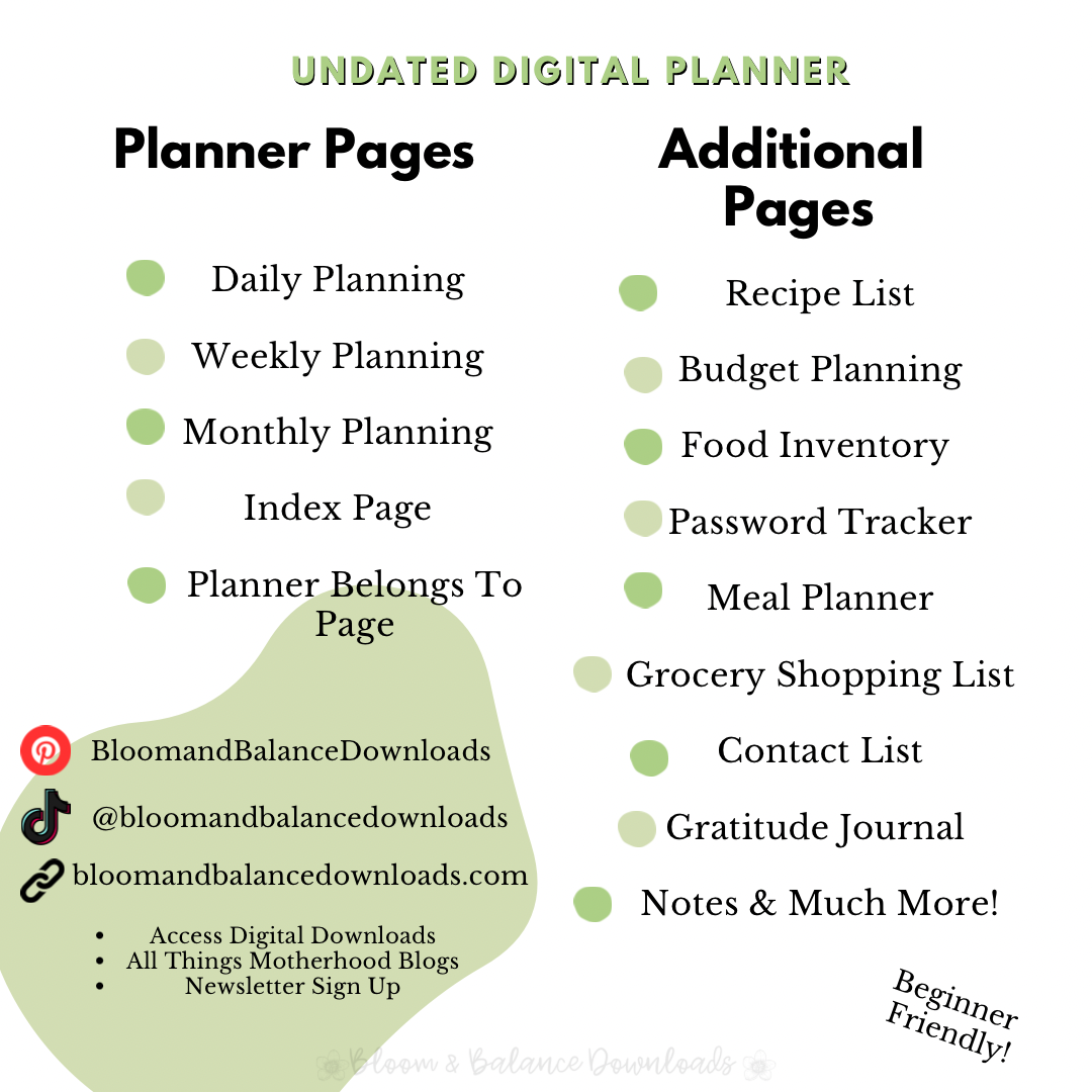 Undated Sage Green Hyperlinked Digital Planner