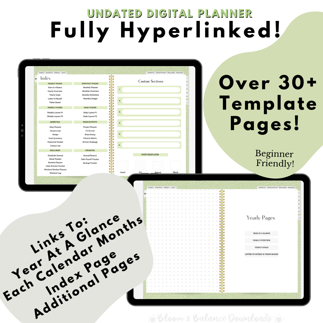 Undated Sage Green Hyperlinked Digital Planner